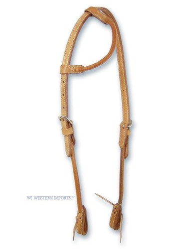Ogłowie western jedno ucho Western Imports round leather — wariant jasny (natural tan), białe przeszycia, srebrna klamra