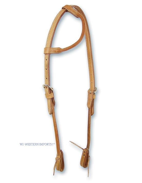Ogłowie western jedno ucho Western Imports round leather — wariant jasny (natural tan), białe przeszycia, srebrna klamra