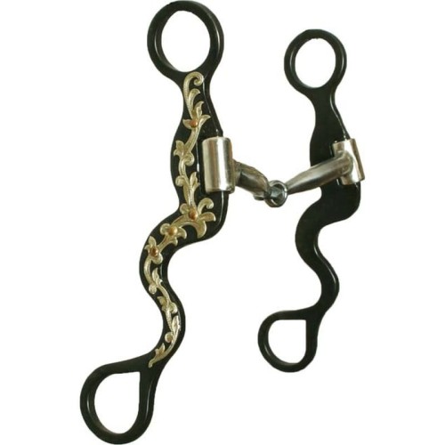 Czanka Snaffle Bit Flower 5" — czarne S-czanki z srebrno-złotym grawerem floral i miedzianymi akcentami, jointed ścięgierz bez portu, widok ukośny
