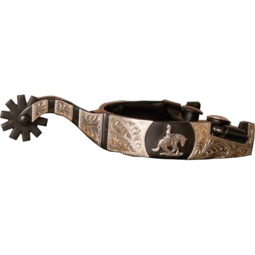 Ostrogi western reining Equi Sliding Stop — widok ogólny, srebrny scrollwork, rowel 10-ramienny
