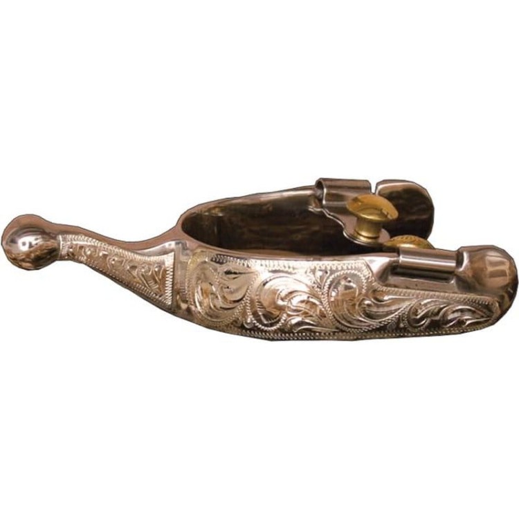 Ostrogi western z kulką ball end grawerowane floral polerowana stal nierdzewna — HorsePassion.pl