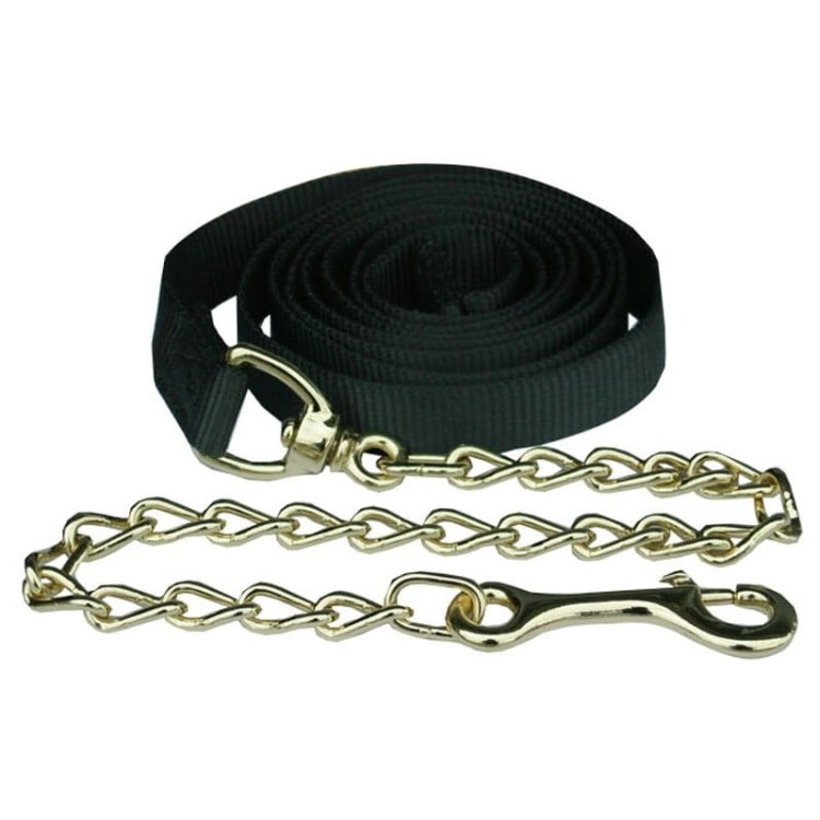 Uwiąz z łańcuszkiem Hamilton USA czarny — showmanship i halter western, taśma 1" polipropylen, złoty łańcuszek — HorsePassion.pl