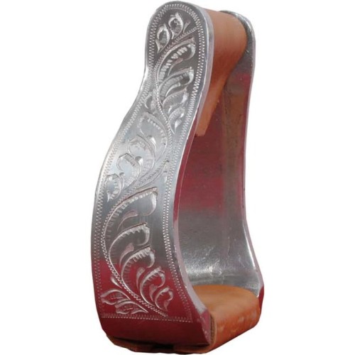 Strzemiona westernowe aluminiowe z grawerem Westernwelt — polerowane aluminium z grawerem florystycznym, skóra jasna na stopie, widok boczny