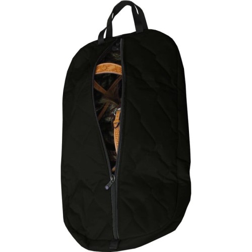 Torba na ogłowie pikowana Equi — czarny nylon pikowany, zamek otwarty, wewnątrz widoczne ogłowie toolowane honey na rzepach, dwa uchwyty do noszenia