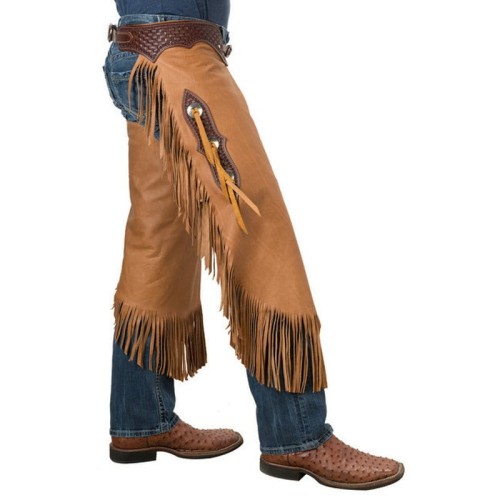 Czapsy western Chinks zamszowe tan — frędzle na bocznej krawędzi i dole, pas z tłoczeniem koszyczkowym, złote concho, widok z boku