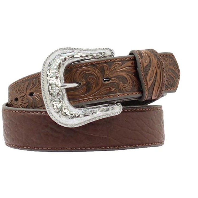 Pasek western skórzany Flower tan — tłoczenie kwiatowe na całej długości, srebrna klamra z grawerem, widok zwinięty