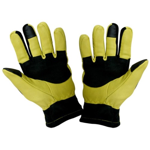 Grzbiet dłoni skórzanych rękawiczek jeździeckich na zimę MQ Line żółto-czarnych z logo - HorsePassion.pl