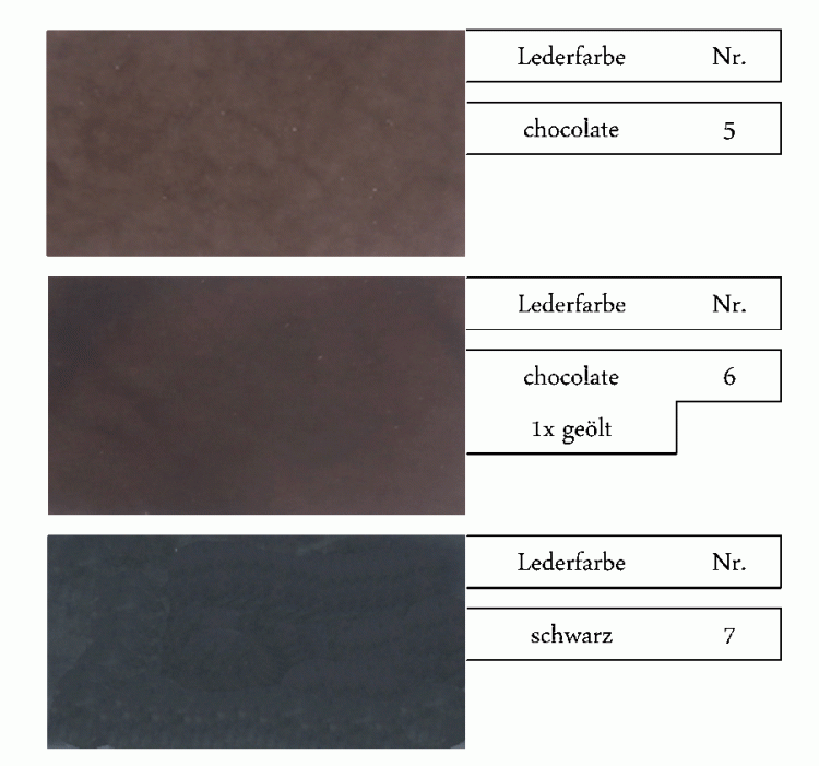 Tabela kolorów skóry AK Kasper: Chocolate, Chocolate geölt, Schwarz