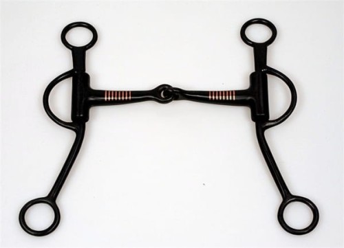 Czanka Snaffle bit podstawowa sweet iron 5" — czarne S-czanki z surowej stali, jointed ścięgierz bez portu z miedzianymi inlay, D-ringi górne, O-ringi dolne