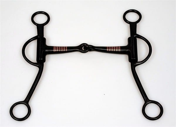 Czanka Snaffle bit podstawowa sweet iron 5" — czarne S-czanki z surowej stali, jointed ścięgierz bez portu z miedzianymi inlay, D-ringi górne, O-ringi dolne