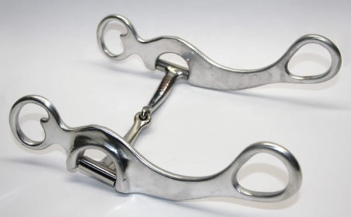 Czanka Snaffle bit aluminiowa Equi 5" — swept-back flat plate aluminium satynowe, scroll top, jointed ścięgierz z miedzianą beczułką, widok ukośny
