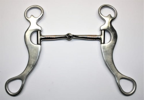 Czanka Snaffle bit aluminiowa Equi 5" — widok frontalny, symetryczne flat plate shanki z scroll top, jointed bez portu, miedziana beczułka na złączu, teardrop dolne
