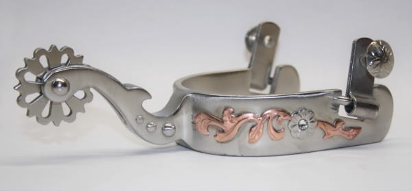 Ostrogi western damskie Partrade Lady Show Flower — stal szlachetna z miedzianą nakładką scrollwork, rowel 12-ramienny