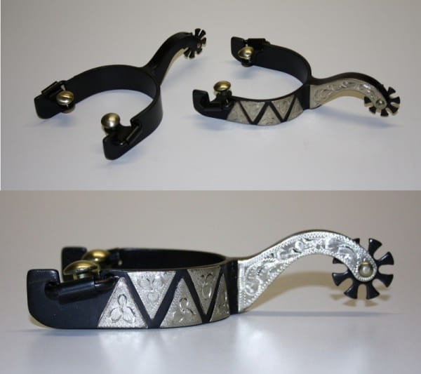 Ostrogi western show Equi — para, czarna stal z srebrną nakładką aztec, rowel 10-ramienny, złote guziki