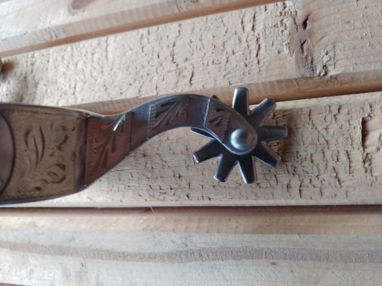 Ostrogi western sliding stop rowel 10-punktowy ciemny wariant zbliżenie — HorsePassion.pl