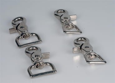 Karabińczyk trigger snap do wodzy western — niklowany metal, oczko D-ring 3/4", boczny wyzwalacz triggerowy, widok czterech sztuk