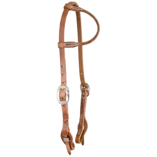 Ogłowie western jedno ucho Hermann Oak — skóra tan, białe przeszycia, klamry stal nierdzewna, slot-end szybka wymiana wędzidła