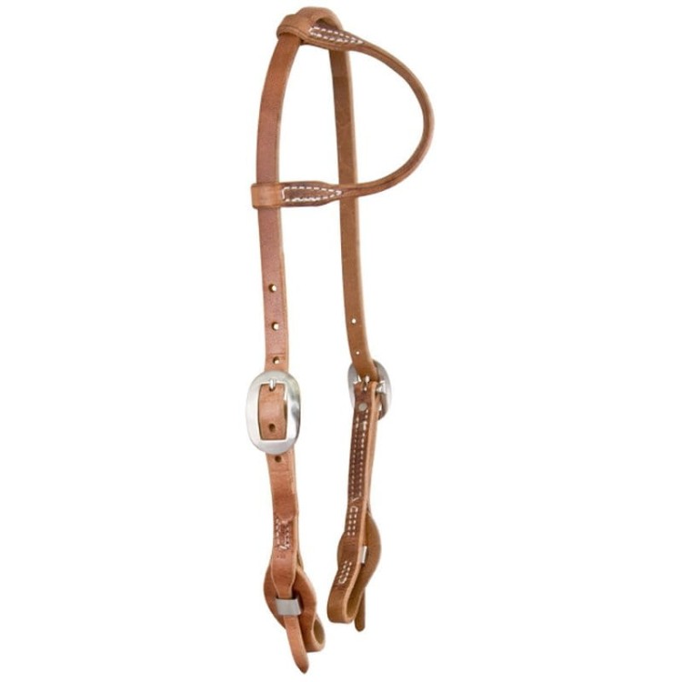 Ogłowie western jedno ucho Hermann Oak — skóra tan, białe przeszycia, klamry stal nierdzewna, slot-end szybka wymiana wędzidła