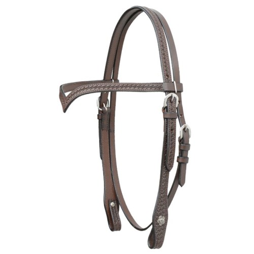 Ogłowie western z naczółkiem V Western Imports ciemny chocolate — tłoczenie koszyczkowe, srebrne okucia i conchos — HorsePassion.pl