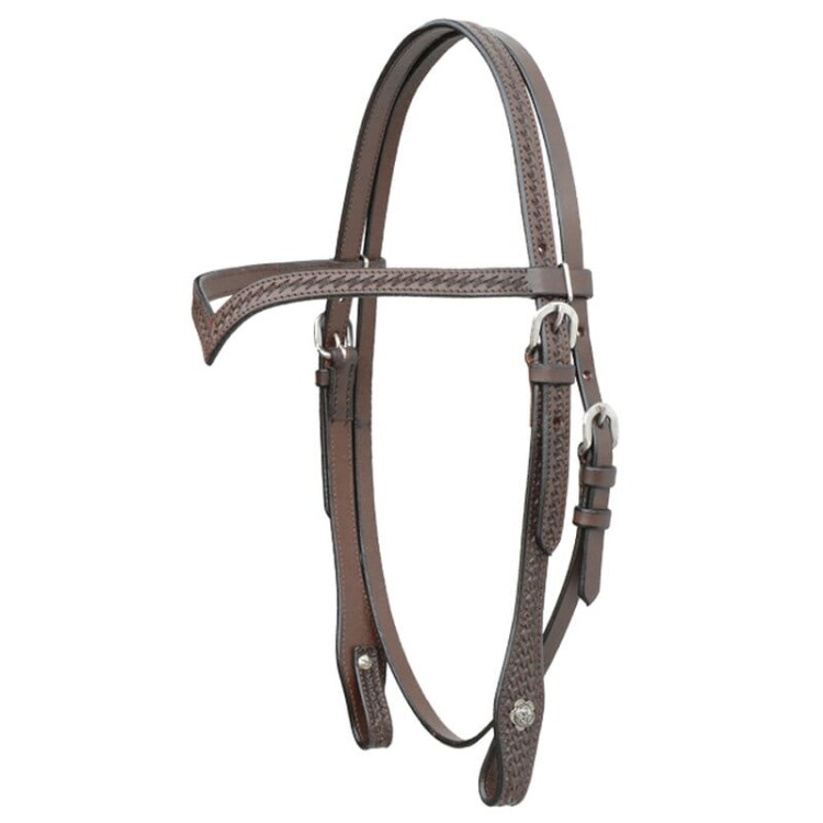 Ogłowie western z naczółkiem V Western Imports ciemny chocolate — tłoczenie koszyczkowe, srebrne okucia i conchos — HorsePassion.pl