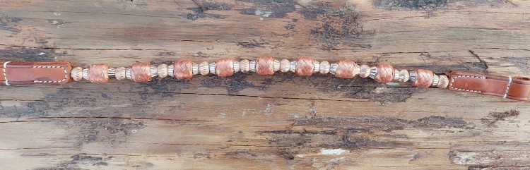 Wymienny naczółek western SHOW — naprzemiennie plecione beczułki skórzane i srebrne żebrowane koraliki metalowe, skórzane zakończenia — HorsePassion.pl