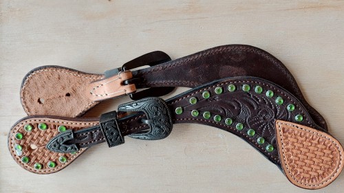 Paski do ostróg western zielone kryształki jasnobrązowe basket ciemnobrązowe floral czarna sprzączka — HorsePassion.pl