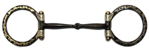 Wędzidło Show Snaffle zdobione Equi 5" — O-ring sweet iron z kutym wzorem hammered, grawerowane bloczki german silver z brass kulkami, sweet iron ścięgierz