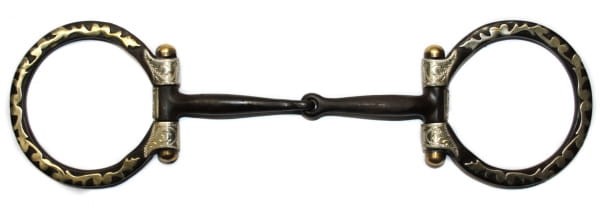 Wędzidło Show Snaffle zdobione Equi 5" — O-ring sweet iron z kutym wzorem hammered, grawerowane bloczki german silver z brass kulkami, sweet iron ścięgierz