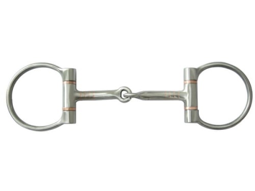 Wędzidło Snaffle Bit D-Ring Futurity 5" — D-ring futurity cut satynowy, short low port hinged, miedziane inlay na złączach, widok frontalny