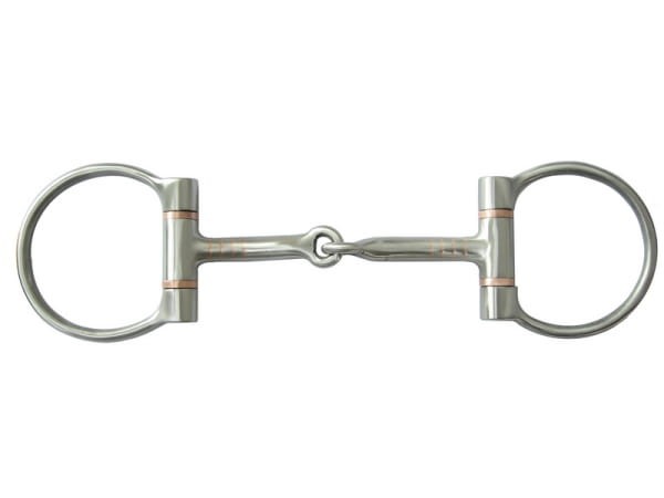 Wędzidło Snaffle Bit D-Ring Futurity 5" — D-ring futurity cut satynowy, short low port hinged, miedziane inlay na złączach, widok frontalny