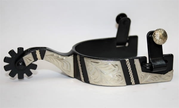 Ostrogi western show czarno-srebrne szeroka banda floral overlay ukośne pasy srebrny button — HorsePassion.pl