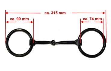 Wędzidło Snaffle bit ciężkie ringi Equi — schemat wymiarów: szerokość całkowita 315 mm, lewy ring 90 mm, prawy ring 74 mm