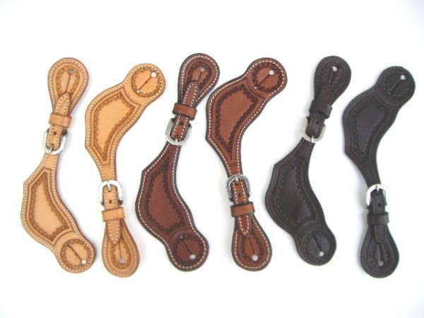 Paski do ostróg western wąskie skórzane 3 kolory jasny kasztan ciemny biały ścieg — HorsePassion.pl