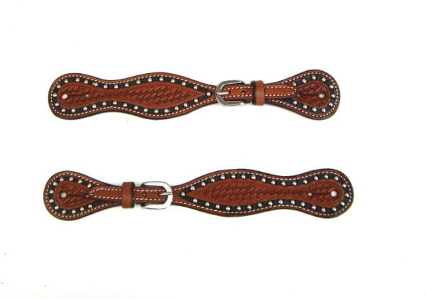 Paski do ostróg western dwukolorowe basket weave srebrne nity kasztan para — HorsePassion.pl