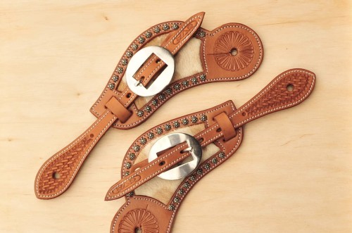 Paski do ostróg western GVR — para, skóra tan z sierścią bydlęcą, flower studs, okrągła roper buckle