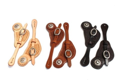 Paski do ostróg western z gwiazdą basket weave 3 kolory jasny kasztan ciemny srebrna gwiazda para — HorsePassion.pl