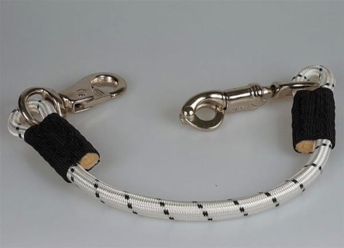 Uwiąz bungee elastyczny do przyczepy i stajni biało-czarny — obrotowy karabińczyk i bull snap, amortyzacja szarpnięć — HorsePassion.pl