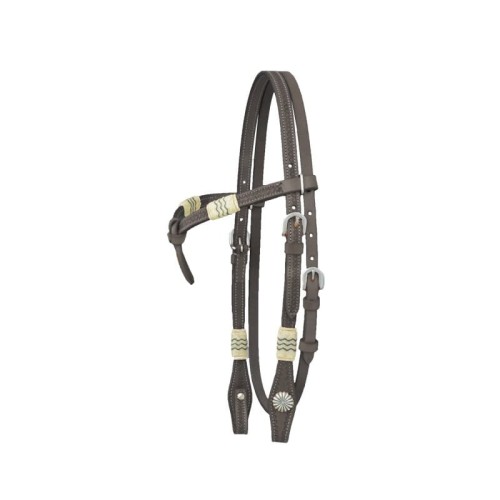 Ogłowie western z naczółkiem — rawhide warkocz kremowy na ciemnoczekoladowej skórze, kwadratowe srebrne klamry, antyczne concho słonecznikowe — HorsePassion.pl