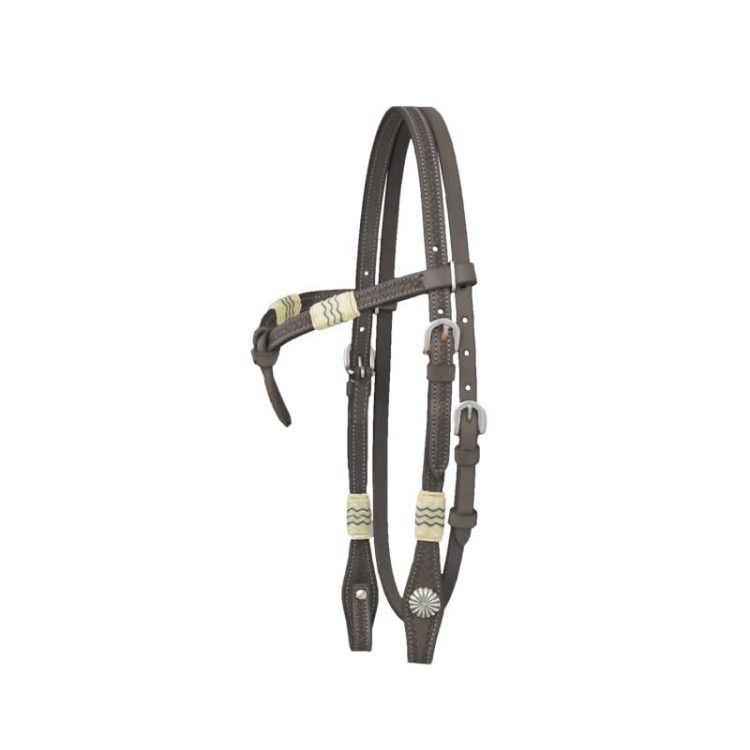 Ogłowie western z naczółkiem — rawhide warkocz kremowy na ciemnoczekoladowej skórze, kwadratowe srebrne klamry, antyczne concho słonecznikowe — HorsePassion.pl