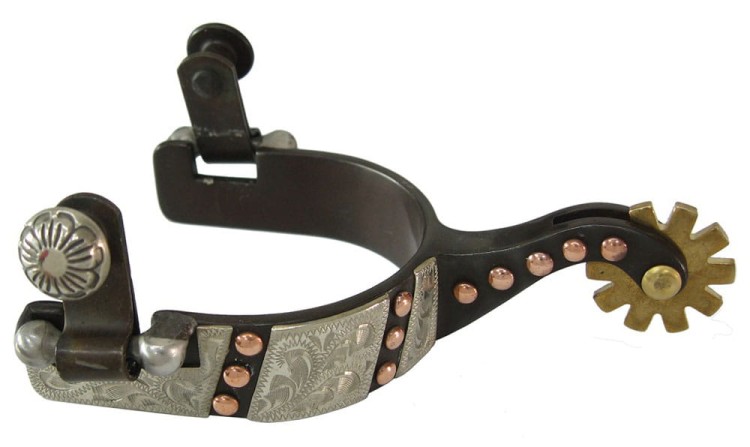 Ostrogi western dziecięce show brązowa stal srebrne nakładki floral miedziane nity złoty rowel — HorsePassion.pl