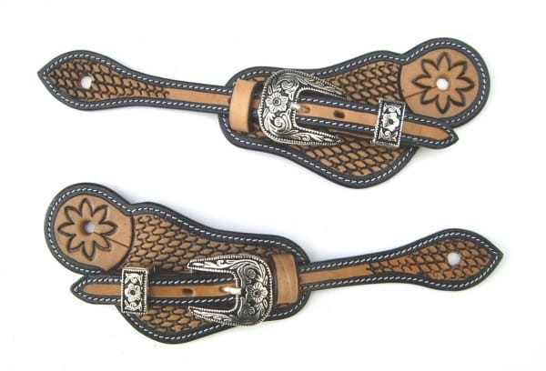 Paski do ostróg western basket weave tłoczone dwukolorowe ozdobna srebrna sprzączka floral para — HorsePassion.pl