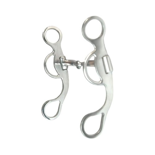 Czanka Snaffle bit z czankami 5" — jointed ścięgierz bez portu z miedzianą beczułką, lewa flat plate z wycięciami, prawa S-wire, teardrop pierścienie