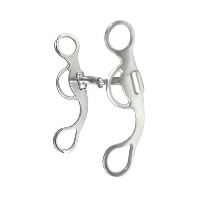 Czanka Snaffle bit z czankami 5" — jointed ścięgierz bez portu z miedzianą beczułką, lewa flat plate z wycięciami, prawa S-wire, teardrop pierścienie