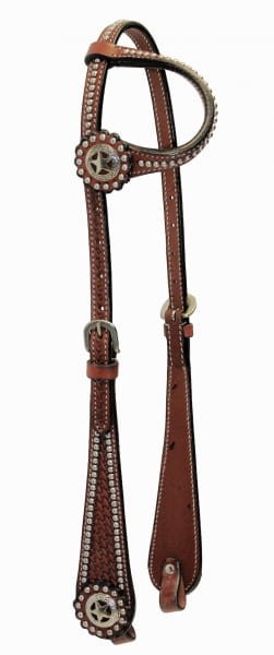 Ogłowie western one ear kasztan rhinestone bordiura — star concha okrągła srebro, kryształki wzdłuż pętli i policzka, srebrne klamry, latigo tie ends — HorsePassion.pl