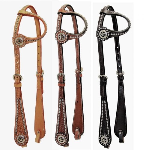 Ogłowie western one ear rhinestone bordiura trzy kolory — jasny kasztan ciemny, gwiazdkowa concha Texas star, kryształki wzdłuż wszystkich pasków — HorsePassion.pl