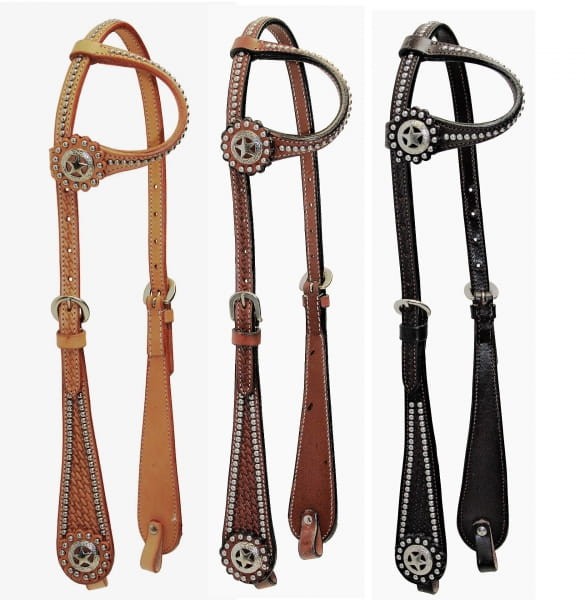 Ogłowie western one ear rhinestone bordiura trzy kolory — jasny kasztan ciemny, gwiazdkowa concha Texas star, kryształki wzdłuż wszystkich pasków — HorsePassion.pl