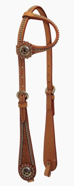 Ogłowie western one ear jasny natural rhinestone bordiura — basket weave tooling na policzku, gwiazdkowa concha, kryształki krawędziowe — HorsePassion.pl