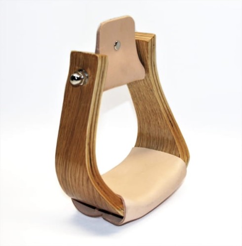 Strzemiona westernowe drewniane szerokie — widok z boku, widoczne warstwy klejonego drewna i skórzana szyja