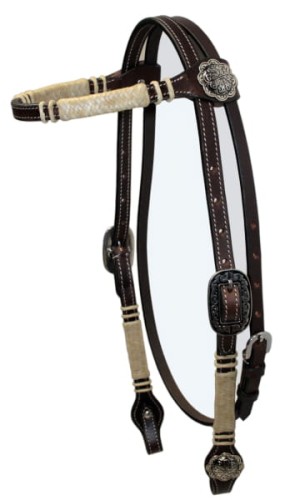 Ogłowie western ciemna olejowana skóra z plecionym naczółkiem surowa skóra rawhide — srebrna klamra arabeska, kwiatowa concha antyczna, kremowe przeszycia — HorsePassion.pl