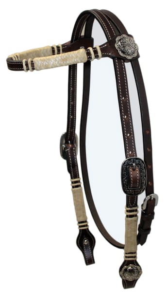 Ogłowie western ciemna olejowana skóra z plecionym naczółkiem surowa skóra rawhide — srebrna klamra arabeska, kwiatowa concha antyczna, kremowe przeszycia — HorsePassion.pl